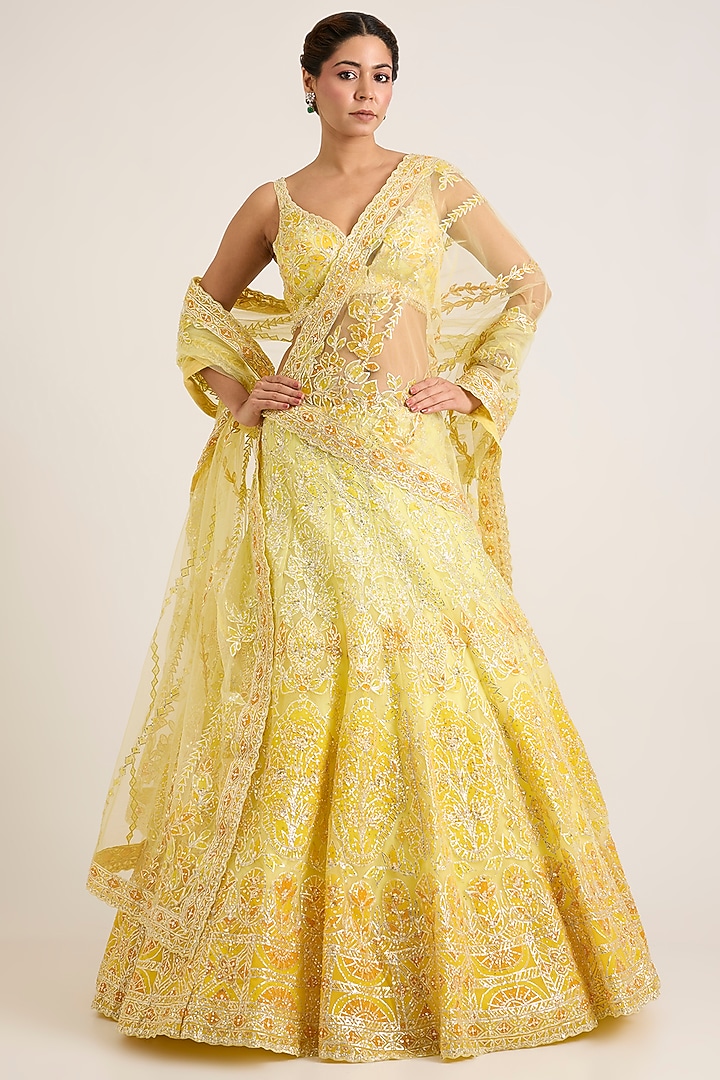 Yellow Net Embroidered Bridal Bridal Lehenga Set by Seema Gujral at Pernia's Pop Up Shop