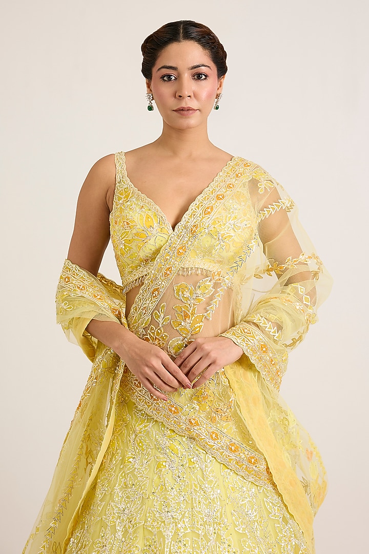 Yellow Net Embroidered Bridal Bridal Lehenga Set by Seema Gujral at Pernia's Pop Up Shop