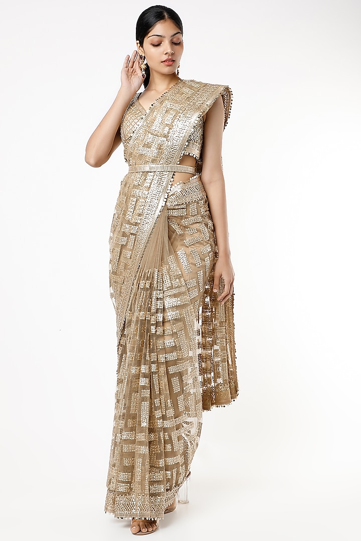 Gold Embroidered Saree Set by Seema Gujral at Pernia's Pop Up Shop