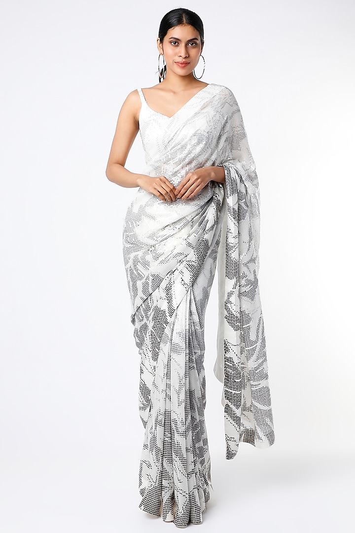 Grey & White Sequins Saree Set by Seema Gujral