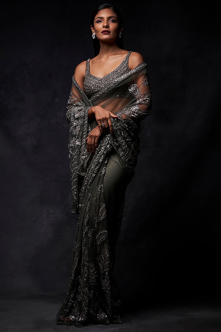 Grey Embroidered Saree set by Seema Gujral