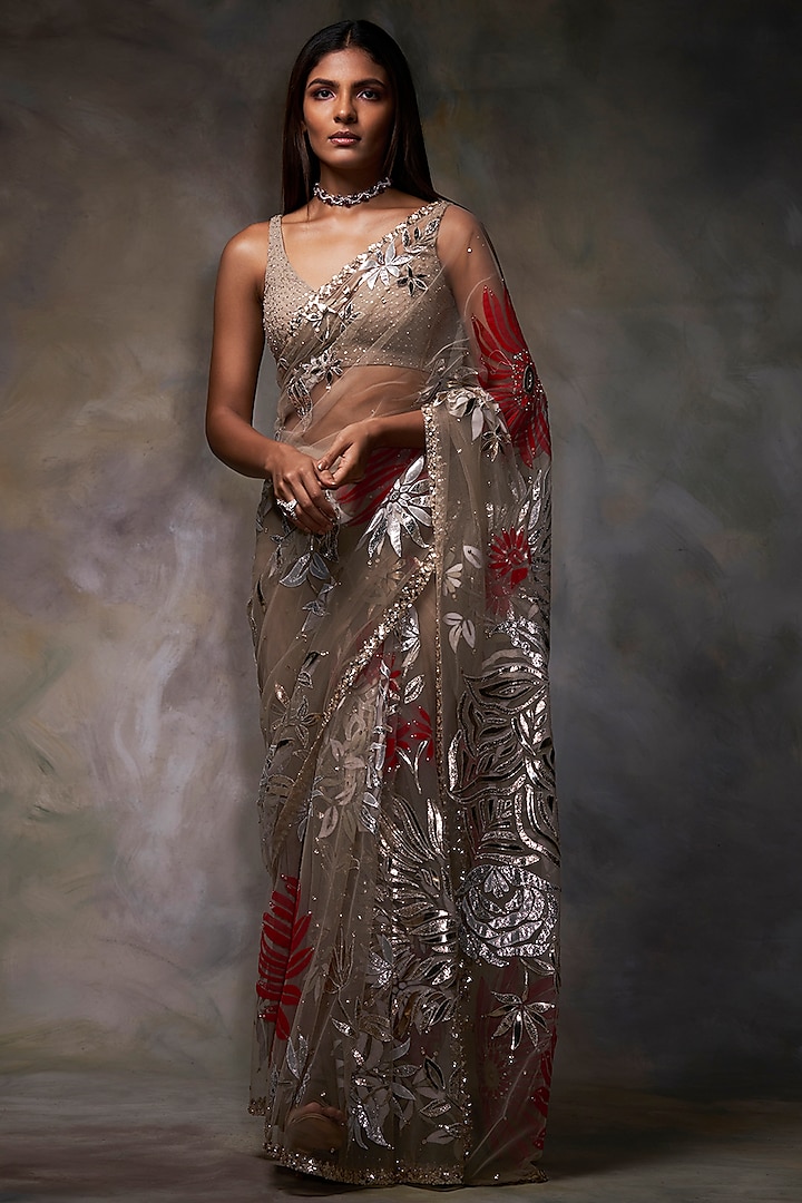Nude Tulle Metallic Applique Embroidered Saree Set by Seema Gujral