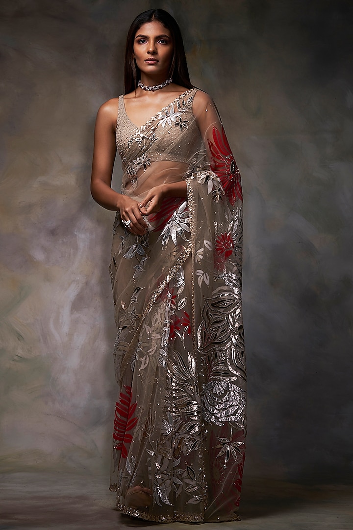 Nude Tulle Metallic Applique Embroidered Saree Set by Seema Gujral at Pernia's Pop Up Shop