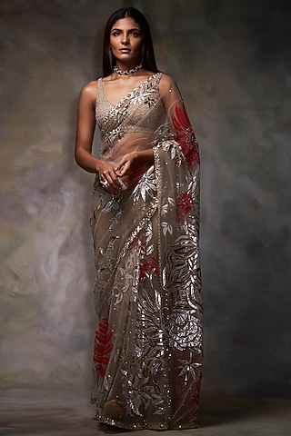 Nude Tulle Metallic Applique Embroidered Saree Set by Seema Gujral