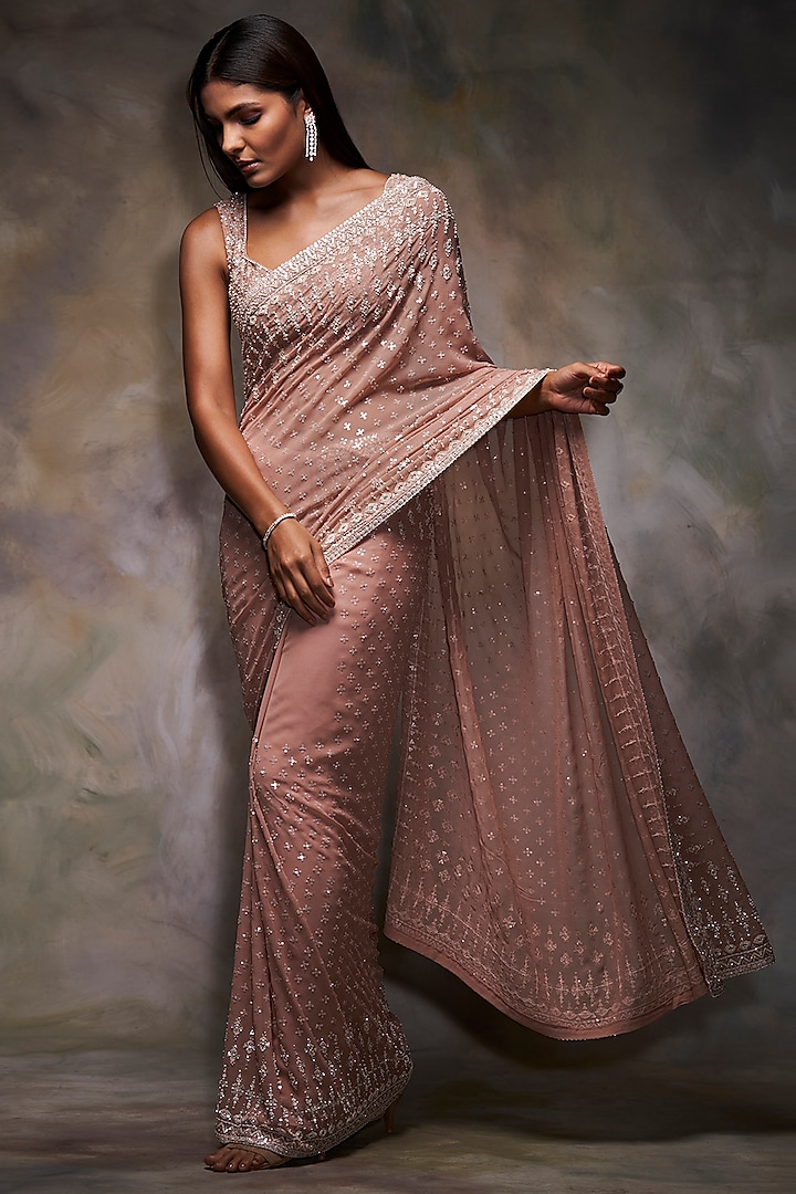 Peach Embroidered Saree Set by Seema Gujral