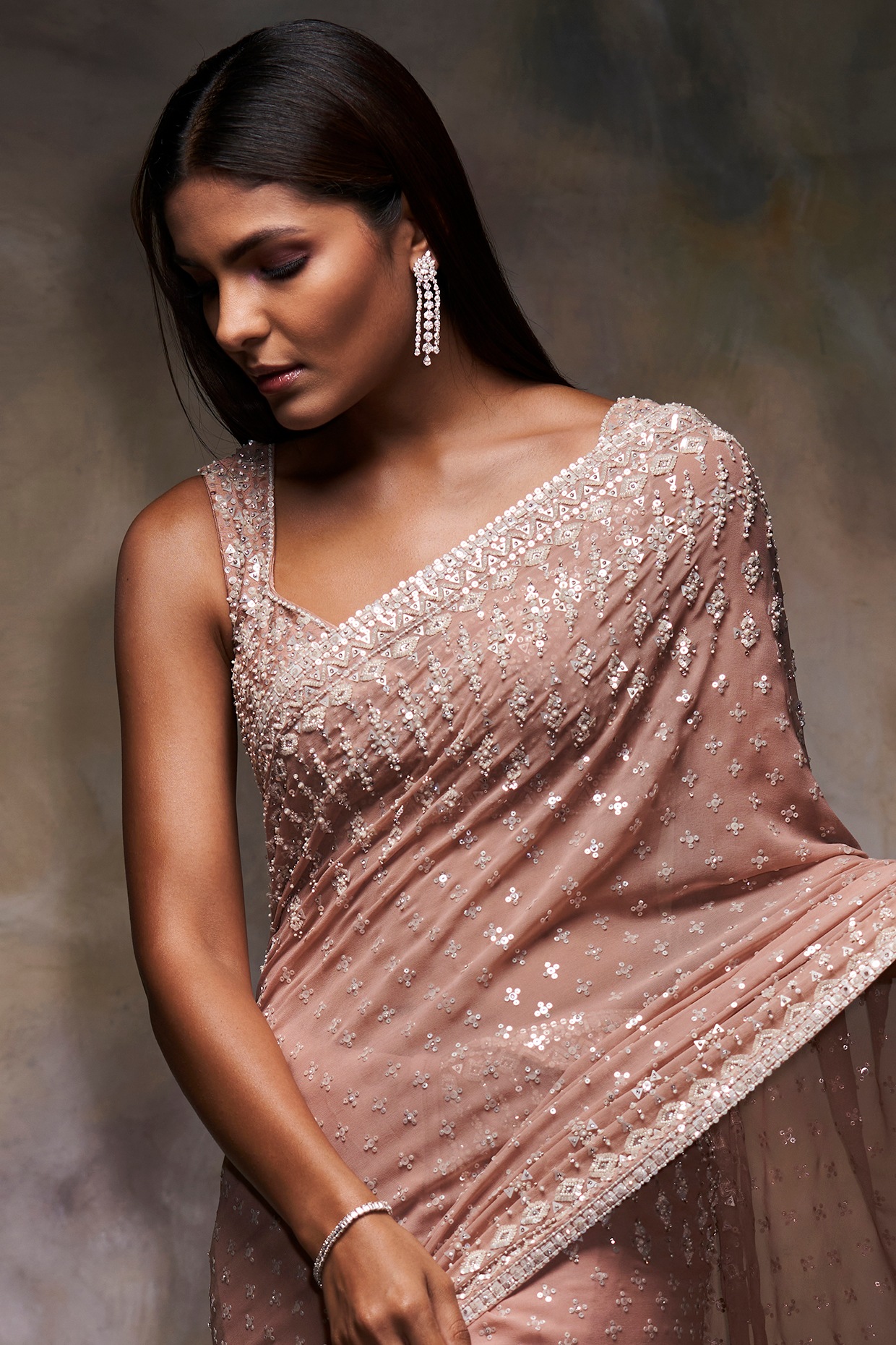 Pink Peach Color sequins Work Saree Net Sari Sequin Work Saree Blouse  Indian | eBay