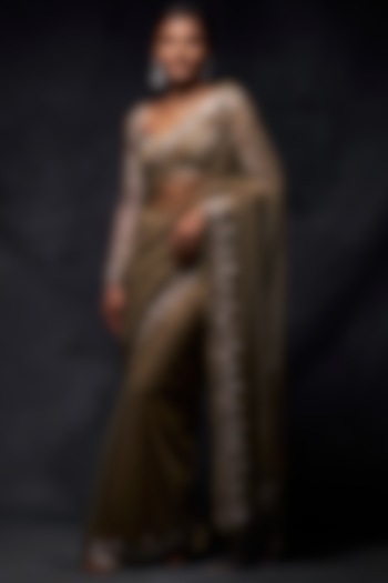 Gold Sequins Embroidered Saree Set by Seema Gujral
