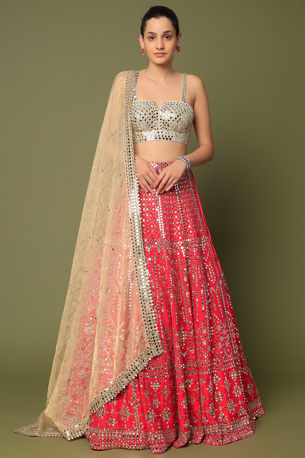 Fuchsia Flared Lehanga Set with Mirror & Resham Work main image 0