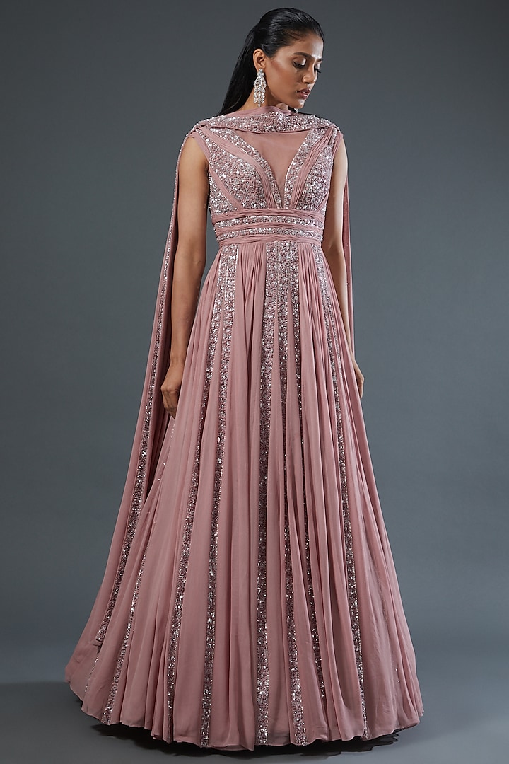 Blush Pink Net Sequins Embroidered Gown by Seema Gujral at Pernia's Pop Up Shop