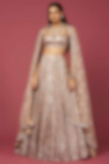 Rose Gold Net Metallic Sequins Embroidered Bridal Lehenga Set by Seema Gujral at Pernia's Pop Up Shop