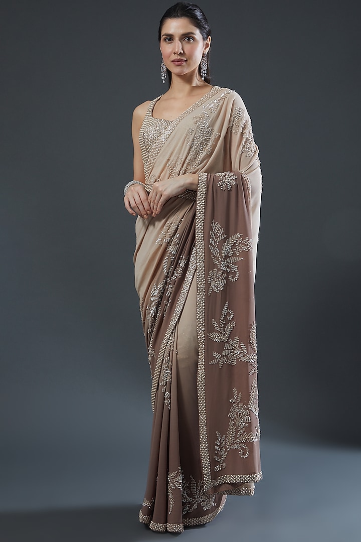 Beige Ombre Embroidered Saree Set by Seema Gujral