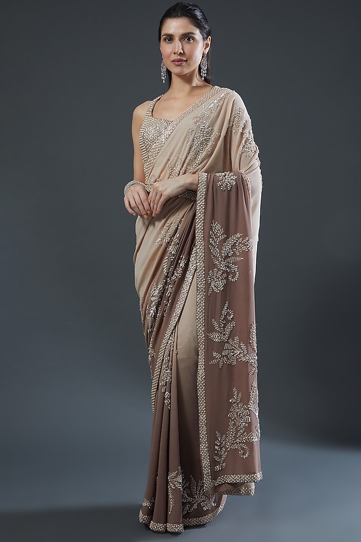 Beige Ombre Embroidered Saree Set Design by Seema Gujral at Pernia's ...