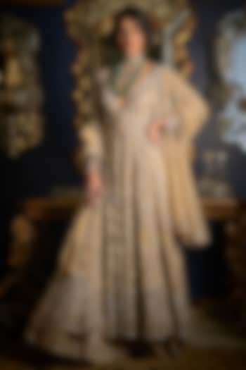 Nude & Silver Net Embroidered High-Low Bridal Sharara Set by Seema Gujral at Pernia's Pop Up Shop