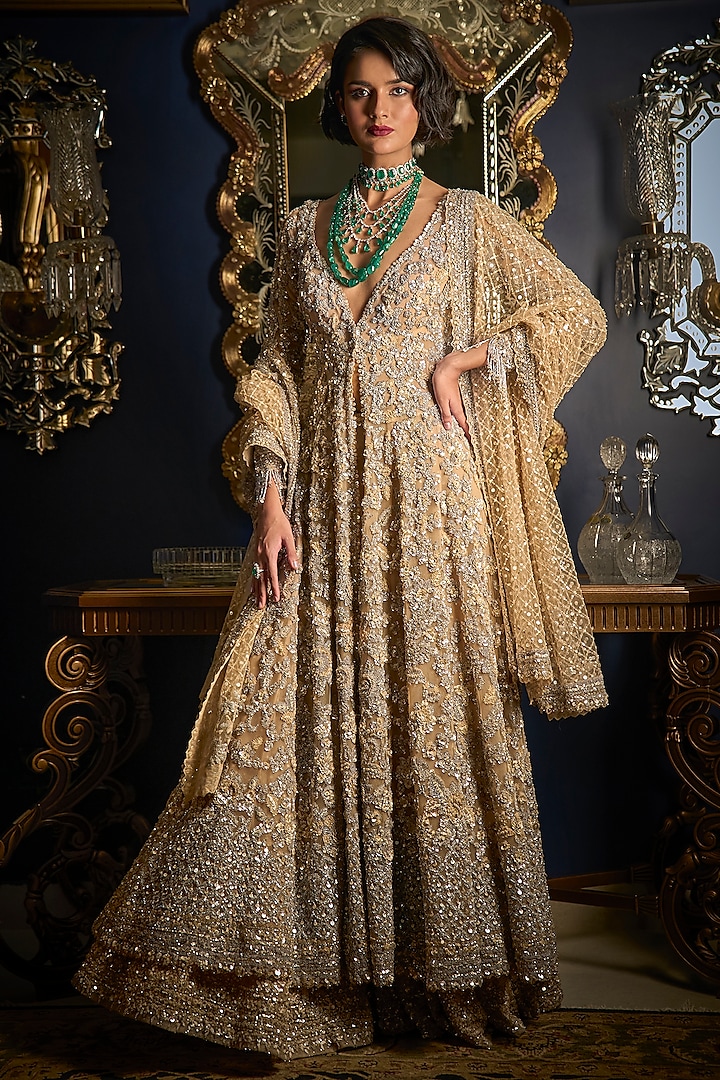 Nude & Silver Net Embroidered High-Low Bridal Sharara Set by Seema Gujral at Pernia's Pop Up Shop