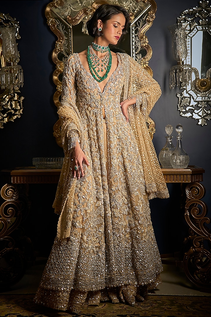Nude & Silver Net Embroidered High-Low Bridal Sharara Set by Seema Gujral at Pernia's Pop Up Shop