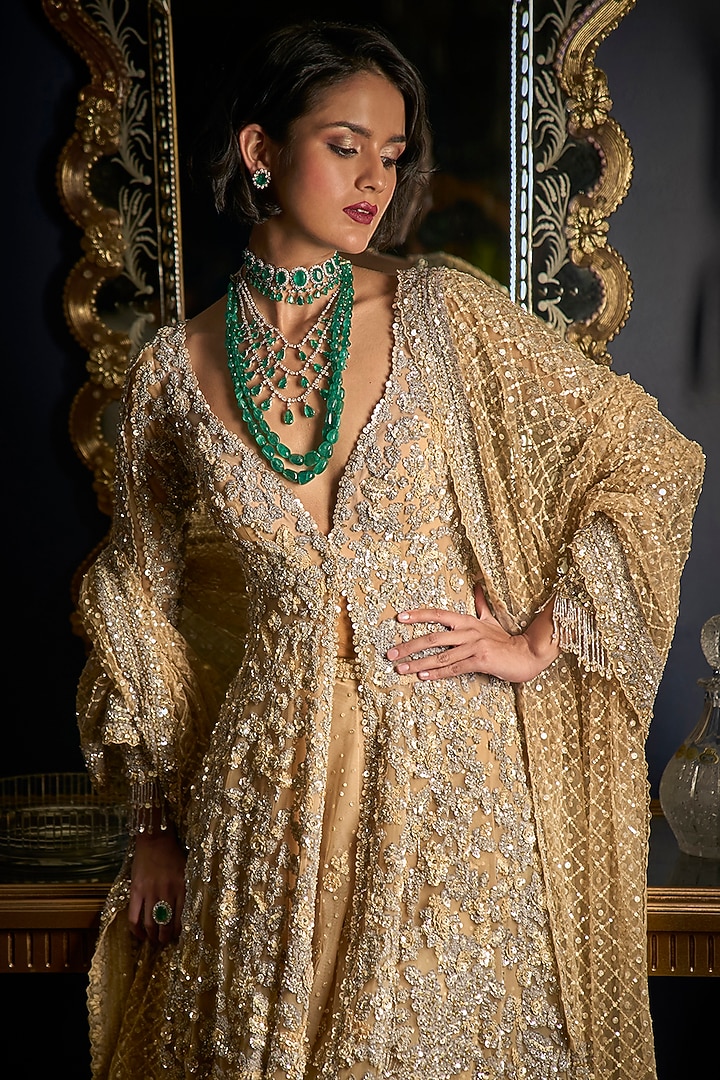 Nude & Silver Net Embroidered High-Low Bridal Sharara Set by Seema Gujral at Pernia's Pop Up Shop