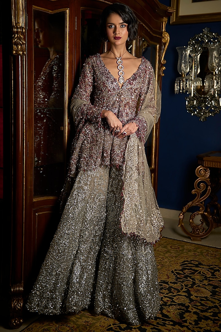 Silver Net Embroidered High-Low Sharara Set by Seema Gujral