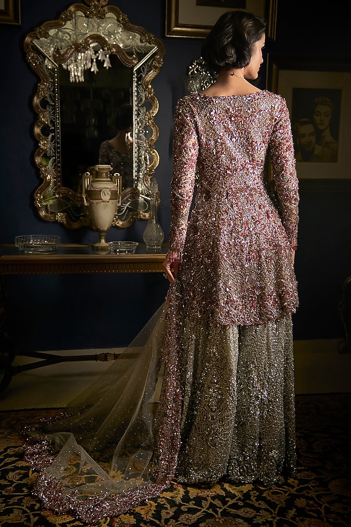 Silver Net Embroidered High-Low Bridal Sharara Set by Seema Gujral at Pernia's Pop Up Shop