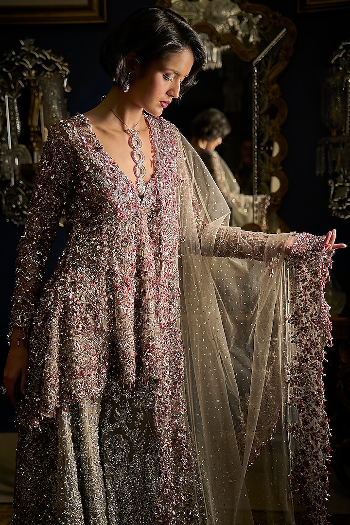 Silver Net Embroidered High-Low Bridal Sharara Set by Seema Gujral at Pernia's Pop Up Shop