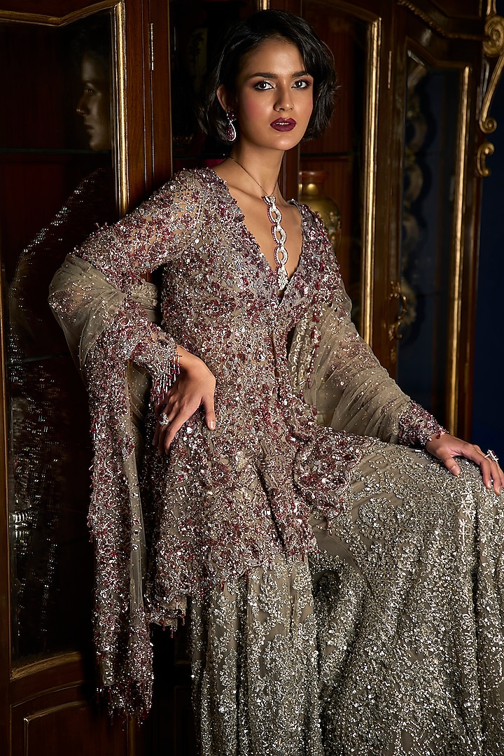 Silver Net Embroidered High-Low Bridal Sharara Set by Seema Gujral at Pernia's Pop Up Shop
