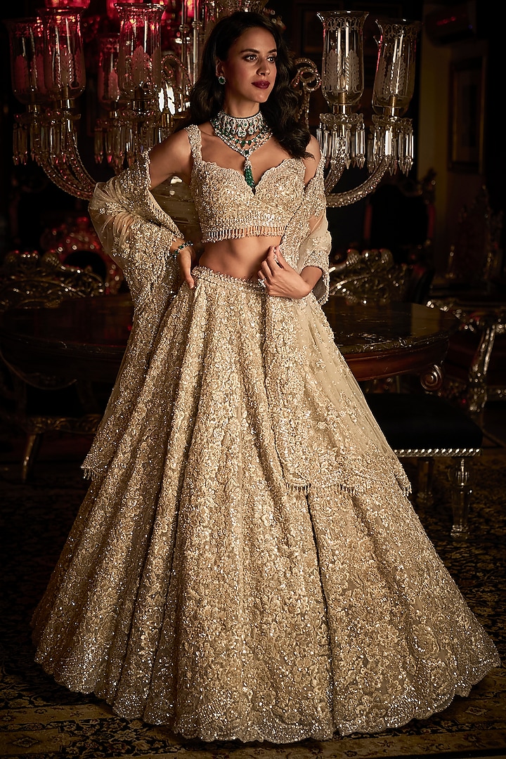 Silver Net Pearl Embroidered Bridal Lehenga Set by Seema Gujral at Pernia's Pop Up Shop