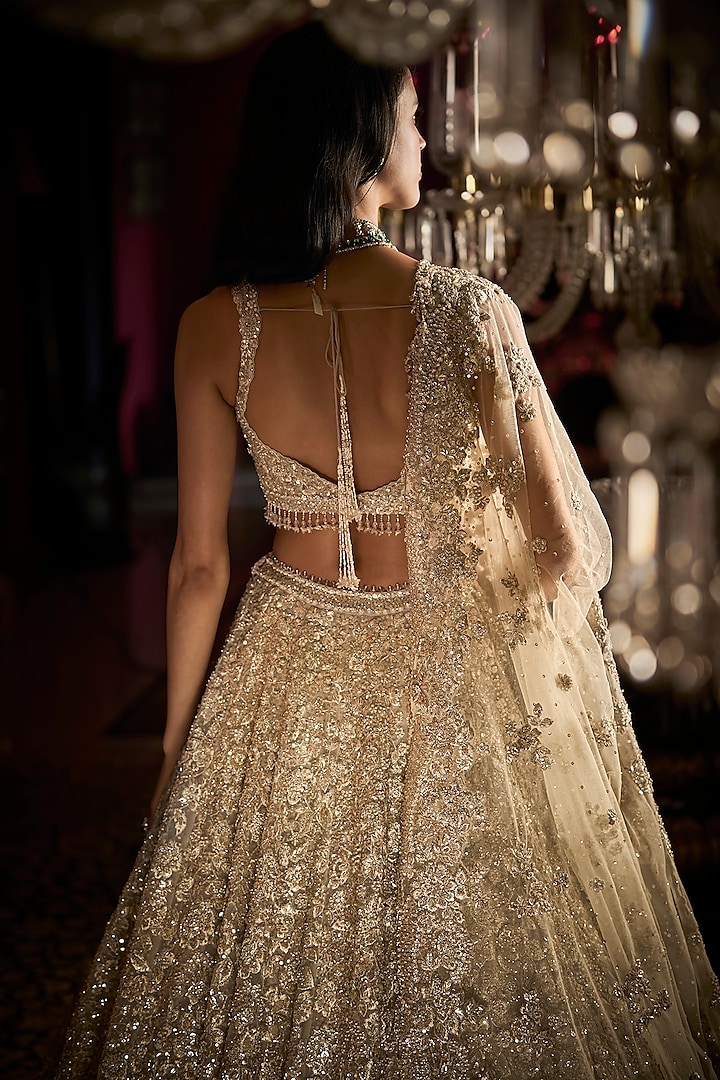 Silver Net Pearl Embroidered Bridal Lehenga Set by Seema Gujral at Pernia's Pop Up Shop
