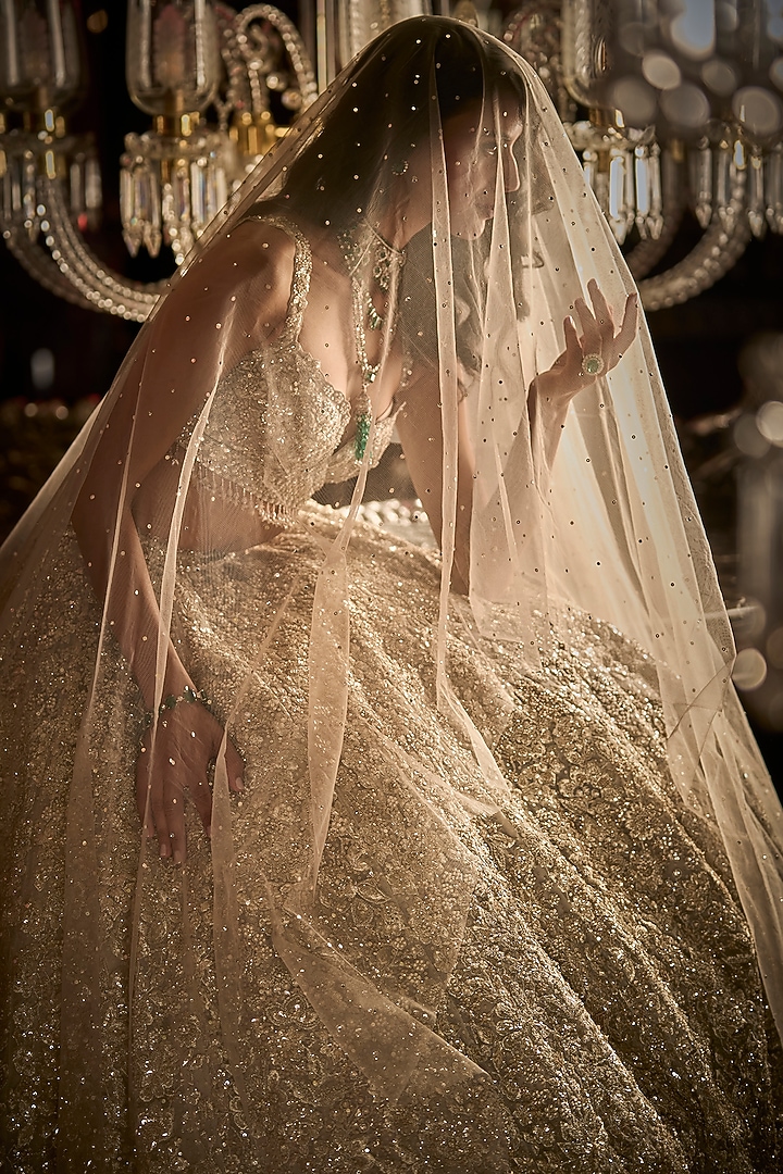 Silver Net Pearl Embroidered Bridal Lehenga Set by Seema Gujral at Pernia's Pop Up Shop