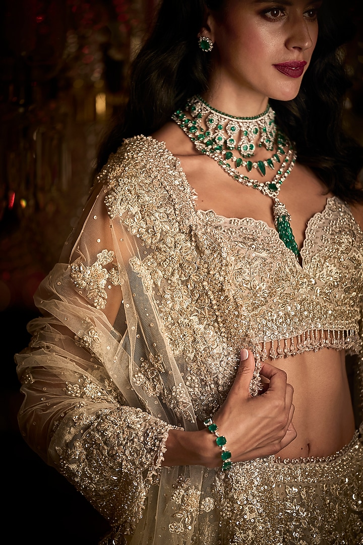 Silver Net Pearl Embroidered Bridal Lehenga Set by Seema Gujral at Pernia's Pop Up Shop