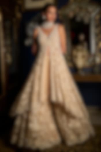 Nude Net Sequins Embroidered High-Low Bridal Sharara Set by Seema Gujral at Pernia's Pop Up Shop