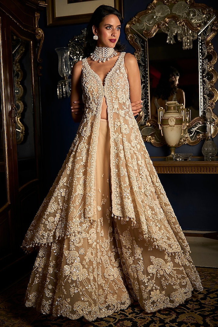 Nude Net Sequins Embroidered High-Low Bridal Sharara Set by Seema Gujral at Pernia's Pop Up Shop