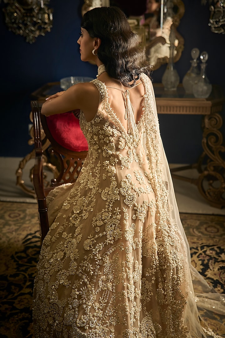 Nude Net Sequins Embroidered High-Low Bridal Sharara Set by Seema Gujral at Pernia's Pop Up Shop