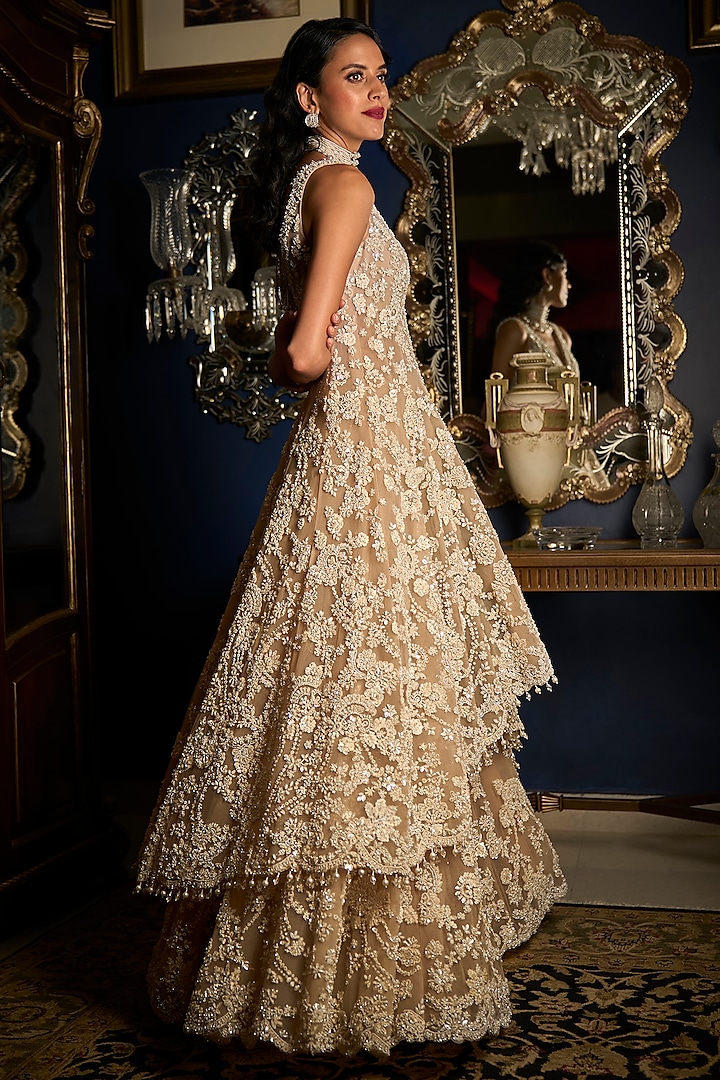 Nude Net Sequins Embroidered High-Low Bridal Sharara Set by Seema Gujral at Pernia's Pop Up Shop