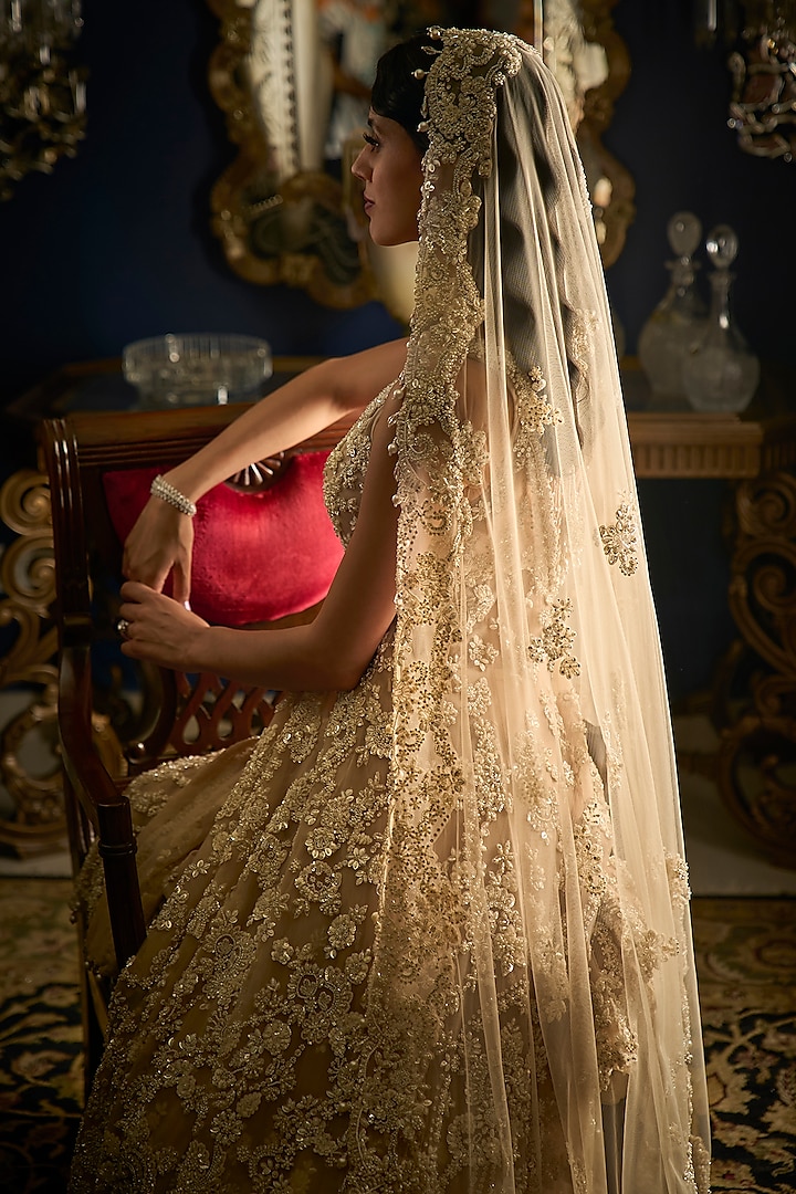 Nude Net Sequins Embroidered High-Low Bridal Sharara Set by Seema Gujral at Pernia's Pop Up Shop