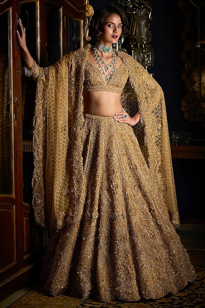 Gold Net Floral Embroidered Bridal Lehenga Set by Seema Gujral at Pernia's Pop Up Shop