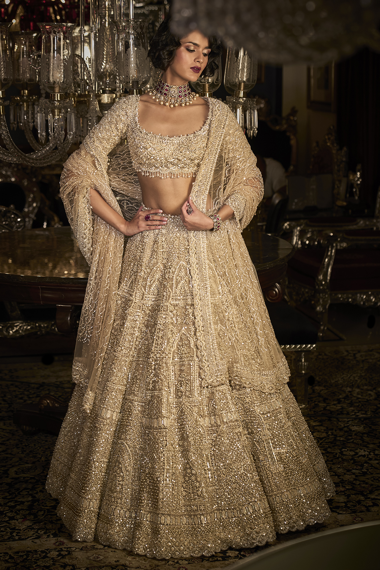 Champagne Net Thread Embroidered Bridal Lehenga Set by Seema Gujral at Pernia's Pop Up Shop