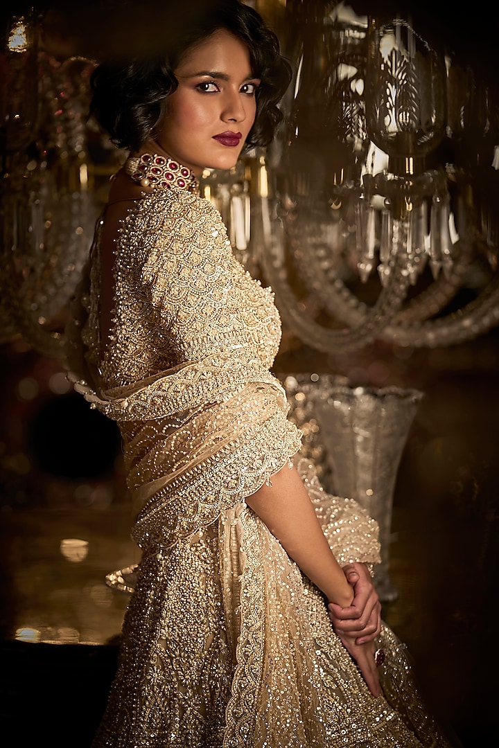 Champagne Net Thread Embroidered Bridal Lehenga Set by Seema Gujral at Pernia's Pop Up Shop