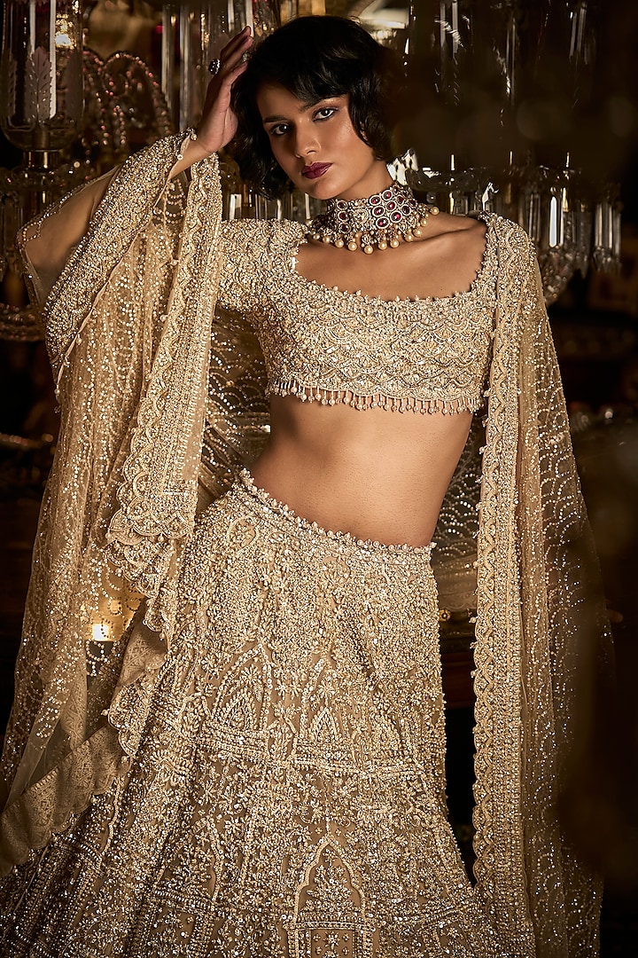 Champagne Net Thread Embroidered Bridal Lehenga Set by Seema Gujral at Pernia's Pop Up Shop