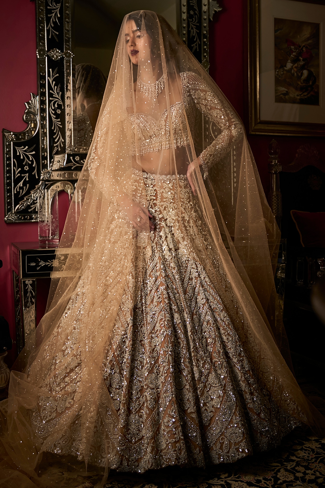 Ivory Jacket Lehenga & Silver Bikini Blouse with Swarovski Crystals – Tarun  Tahiliani – BMW India Bridal Fashion Week 2015 – Shinjini Amitabh Chawla