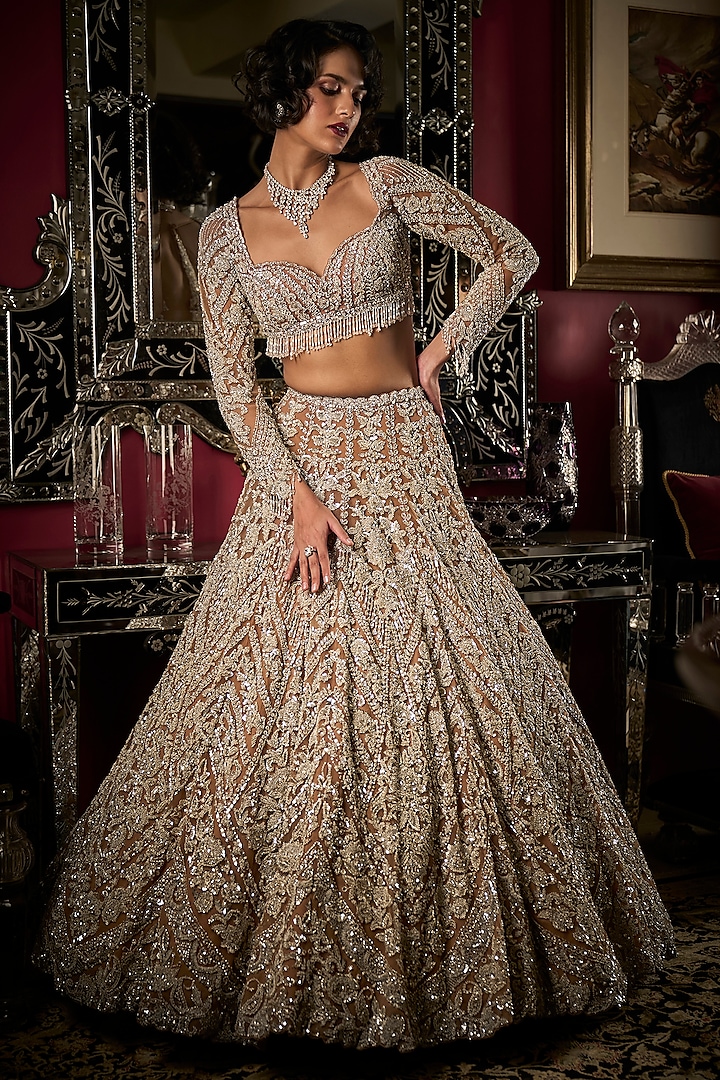 Nude Net Crystal Embroidered Bridal Lehenga Set by Seema Gujral at Pernia's Pop Up Shop