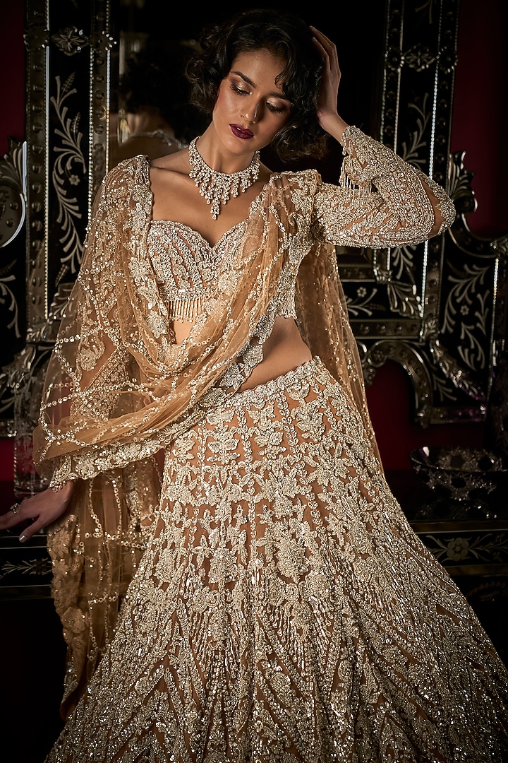 Nude Net Crystal Embroidered Bridal Lehenga Set by Seema Gujral at Pernia's Pop Up Shop