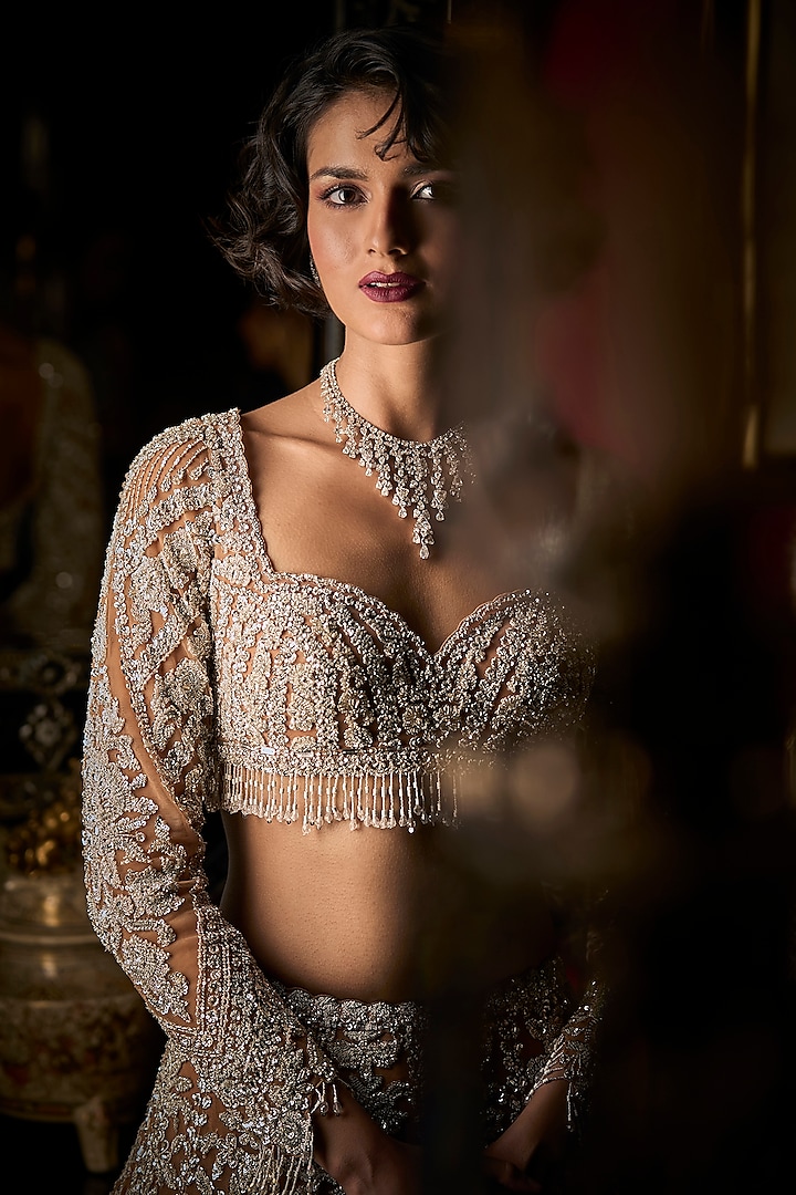 Nude Net Crystal Embroidered Bridal Lehenga Set by Seema Gujral at Pernia's Pop Up Shop