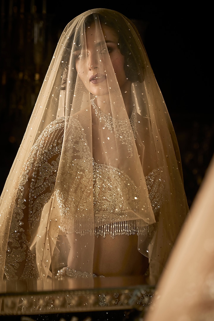 Nude Net Crystal Embroidered Bridal Lehenga Set by Seema Gujral at Pernia's Pop Up Shop