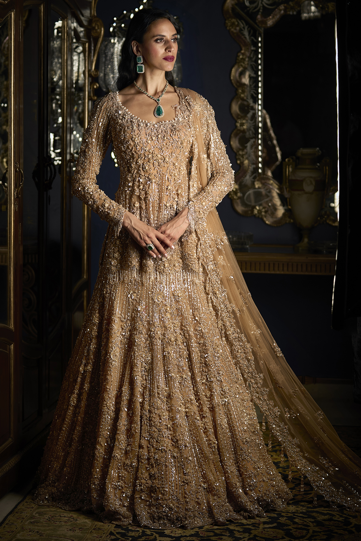 Copper Net Sequins Embroidered Bridal Lehenga Set by Seema Gujral at Pernia's Pop Up Shop
