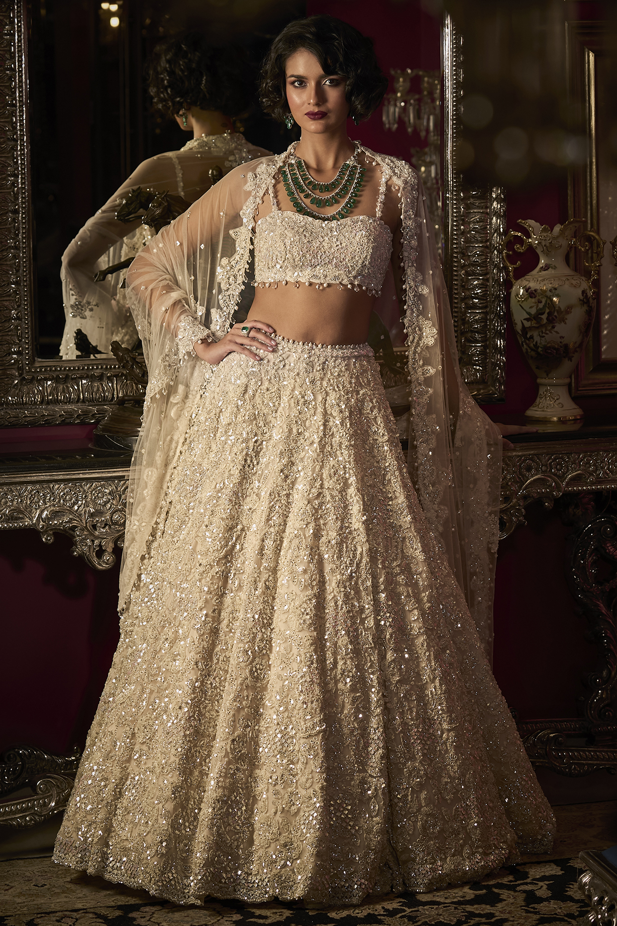White Net Bead Embroidered Bridal Lehenga Set by Seema Gujral at Pernia's Pop Up Shop