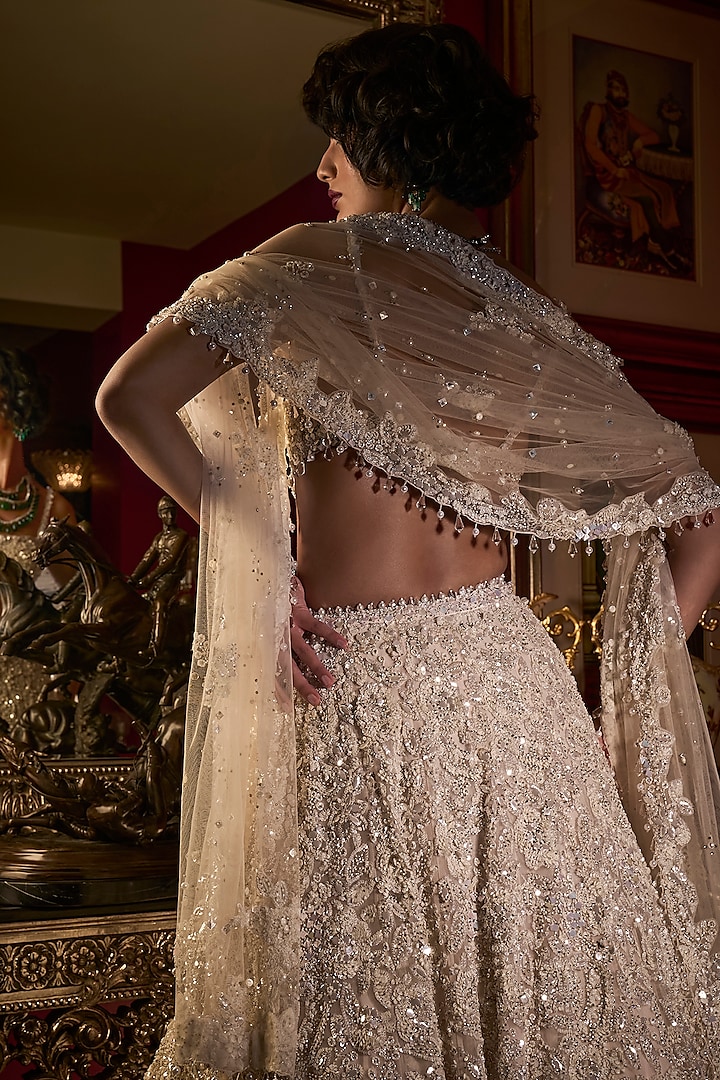 White Net Bead Embroidered Bridal Lehenga Set by Seema Gujral at Pernia's Pop Up Shop
