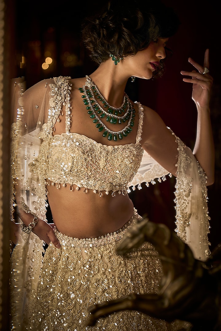 White Net Bead Embroidered Bridal Lehenga Set by Seema Gujral at Pernia's Pop Up Shop