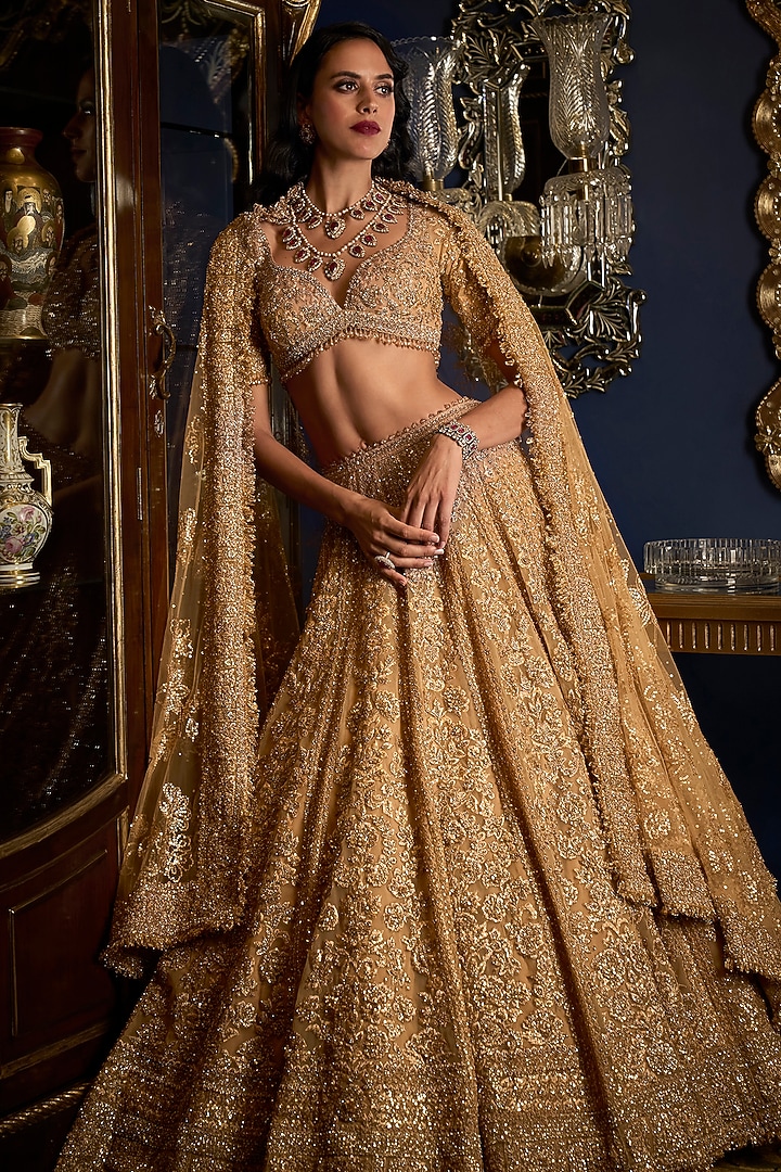 Copper Net Thread Embroidered Bridal Lehenga Set by Seema Gujral at Pernia's Pop Up Shop
