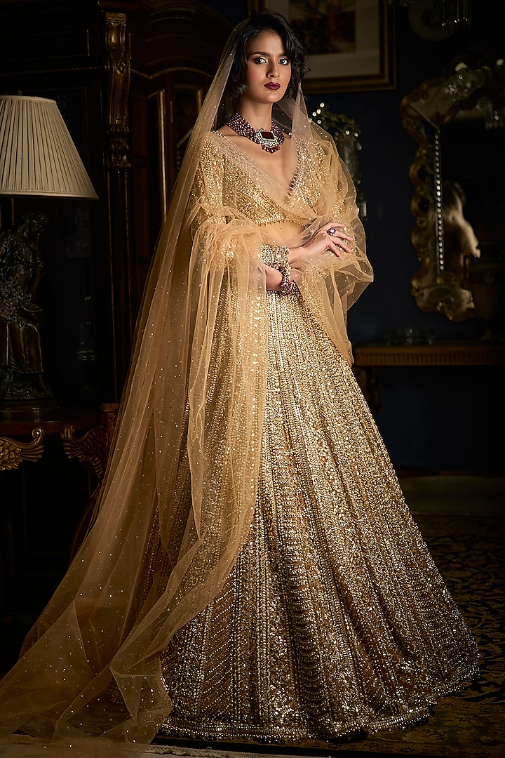 Gold Net Pearl Embroidered Bridal Lehenga Set by Seema Gujral at Pernia's Pop Up Shop