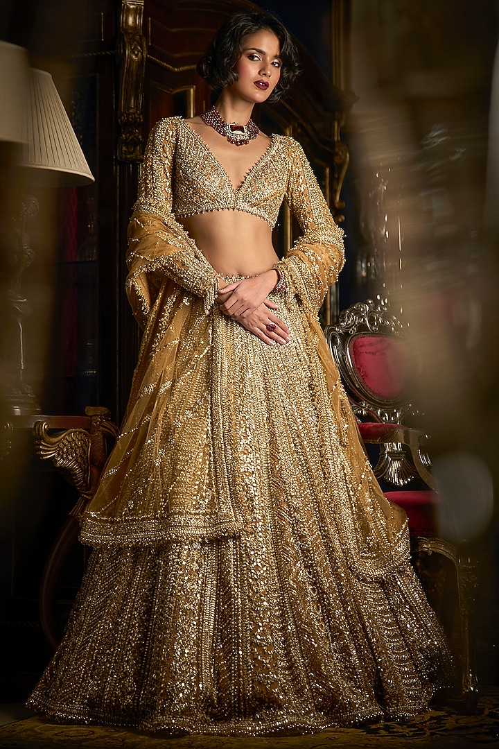 Gold Net Pearl Embroidered Bridal Lehenga Set by Seema Gujral at Pernia's Pop Up Shop