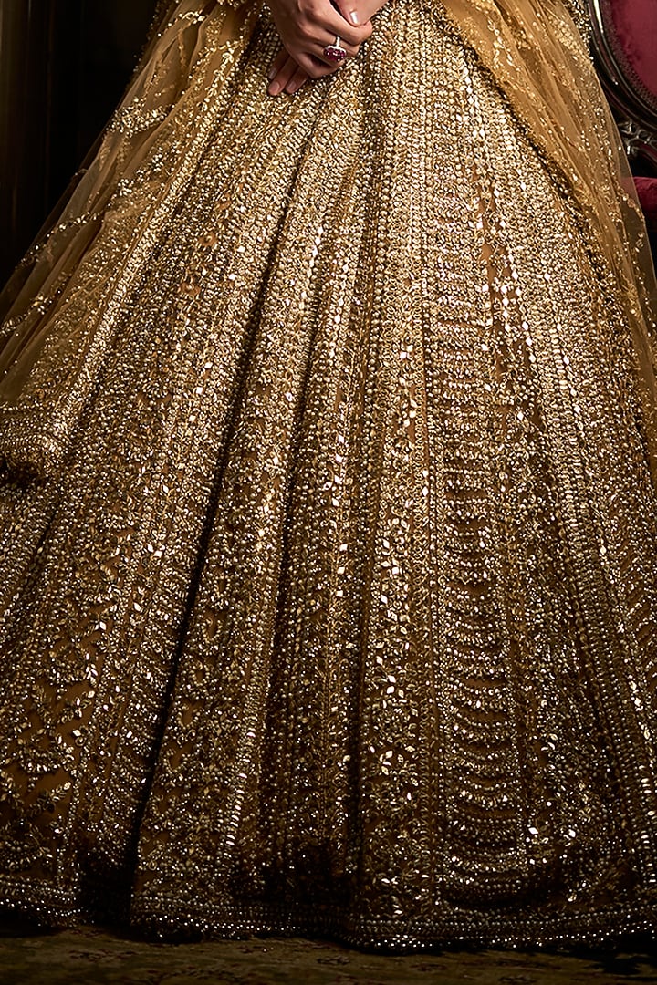 Gold Net Pearl Embroidered Bridal Lehenga Set by Seema Gujral at Pernia's Pop Up Shop